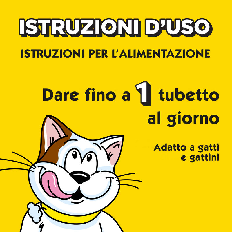 Indicazione Catisfactions: somministrare fino a un tubetto al giorno, adatto anche ai gattini Indicazione Catisfactions: somministrare fino a un tubetto al giorno, adatto anche ai gattini